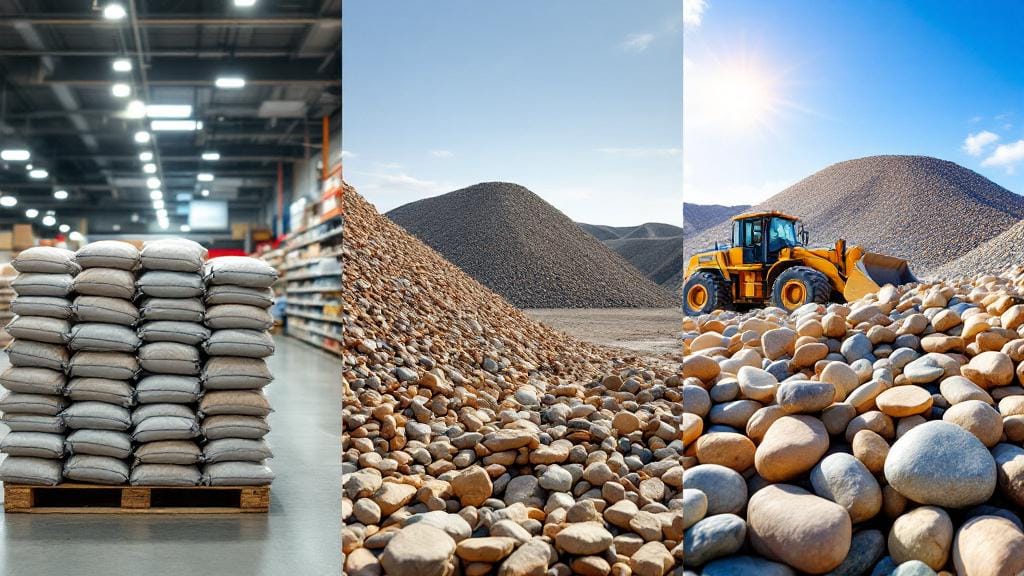 Various ways to buy river rock including bulk piles and bagged options at a garden center.