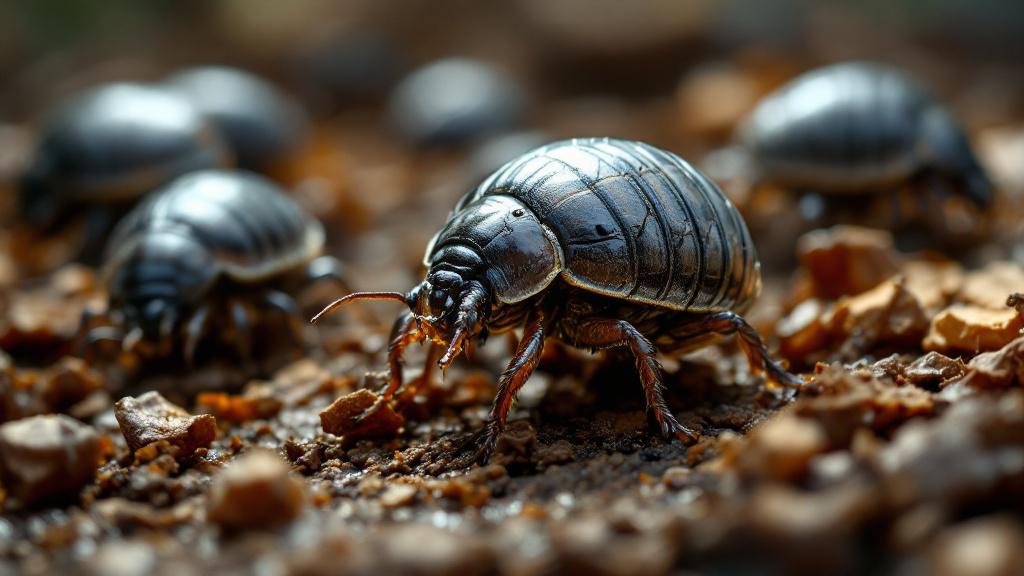 Pill bugs crawling on damp mulch in a garden bed, showing their rolling defense mechanism.