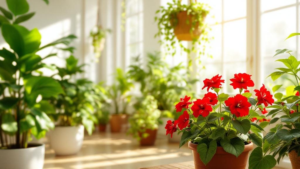 Collection of the best plants for pots including geraniums snake plants and herbs in a sunlit room