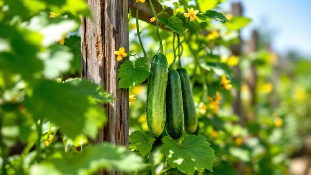 Vertical cucumber gardening in a 1x1 foot square with a trellis.