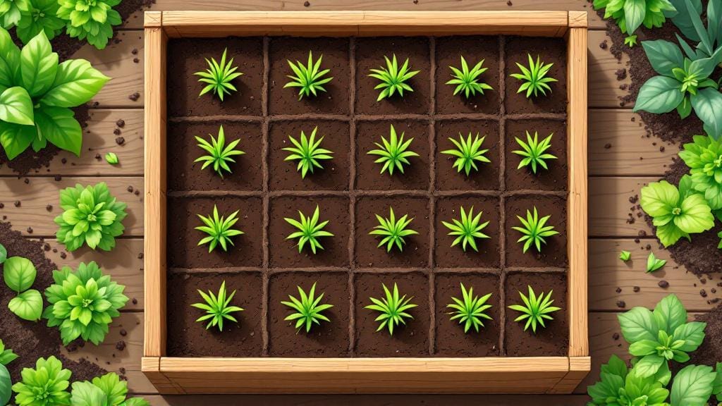 16 onion plants spaced in a 4x4 grid within a single square foot gardening square.