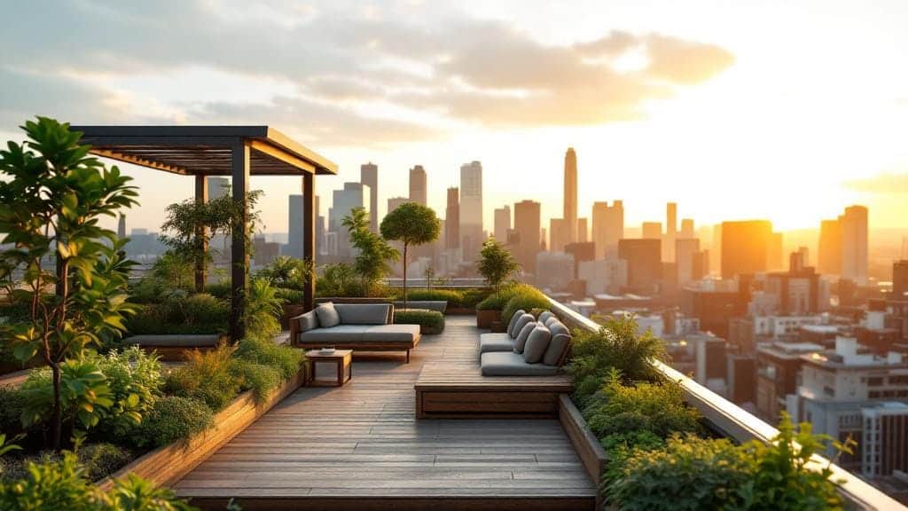 Modern rooftop garden design featuring raised beds, seating areas, and urban greenery.