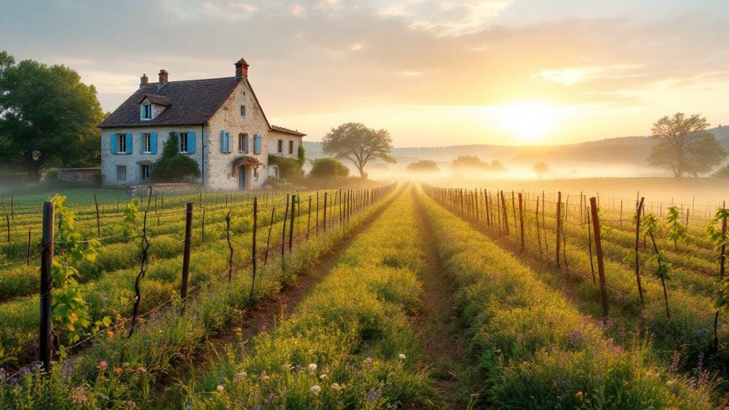 A beautiful biodynamic vineyard and stone farmhouse in the French countryside.