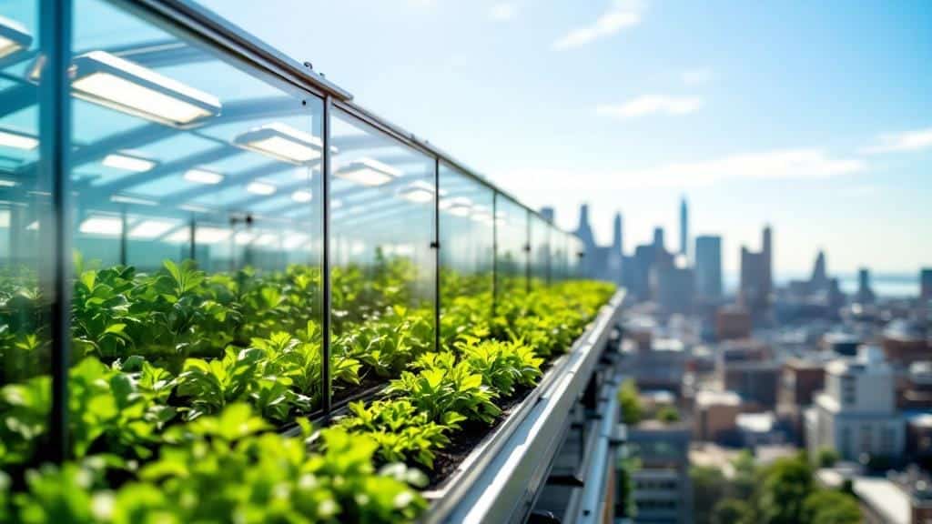 Innovative rooftop greenhouse on an urban building for sustainable year-round vegetable farming.