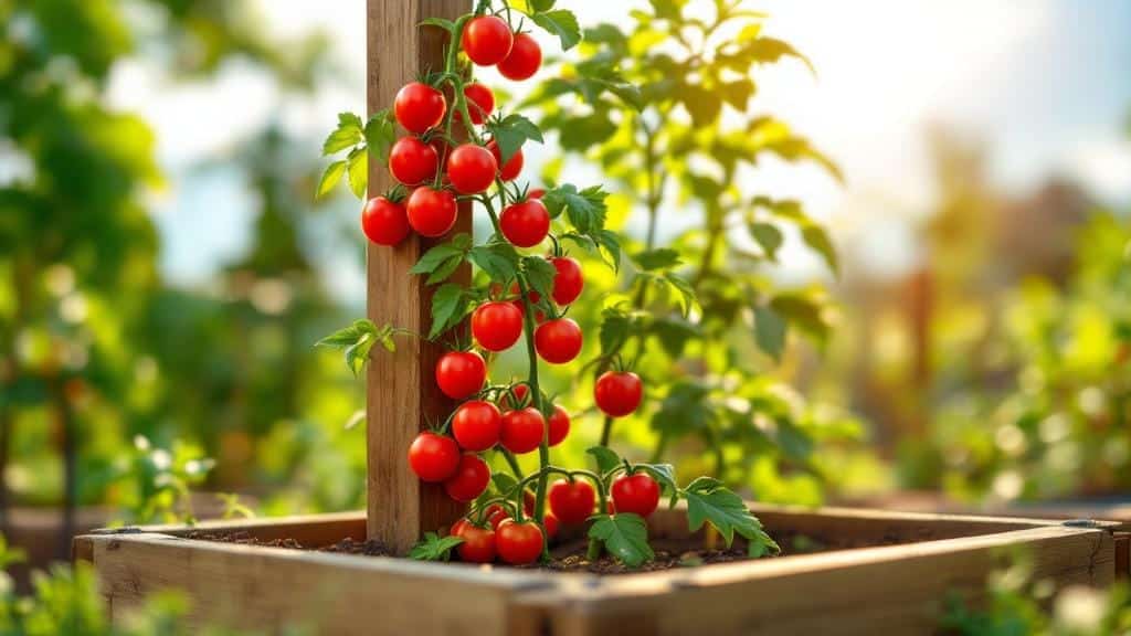 Growing a single indeterminate tomato plant vertically in a square foot gardening grid.