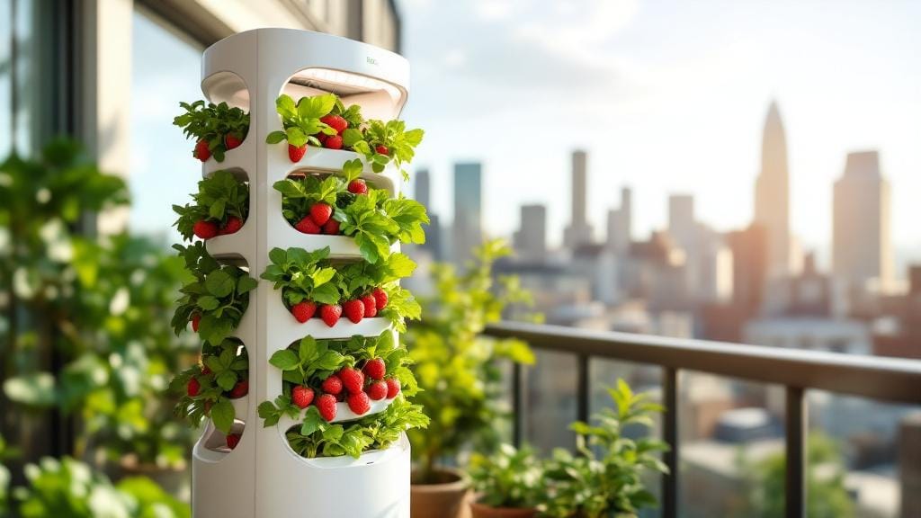 Juice Plus Tower Garden vertical aeroponic system with fresh herbs and vegetables