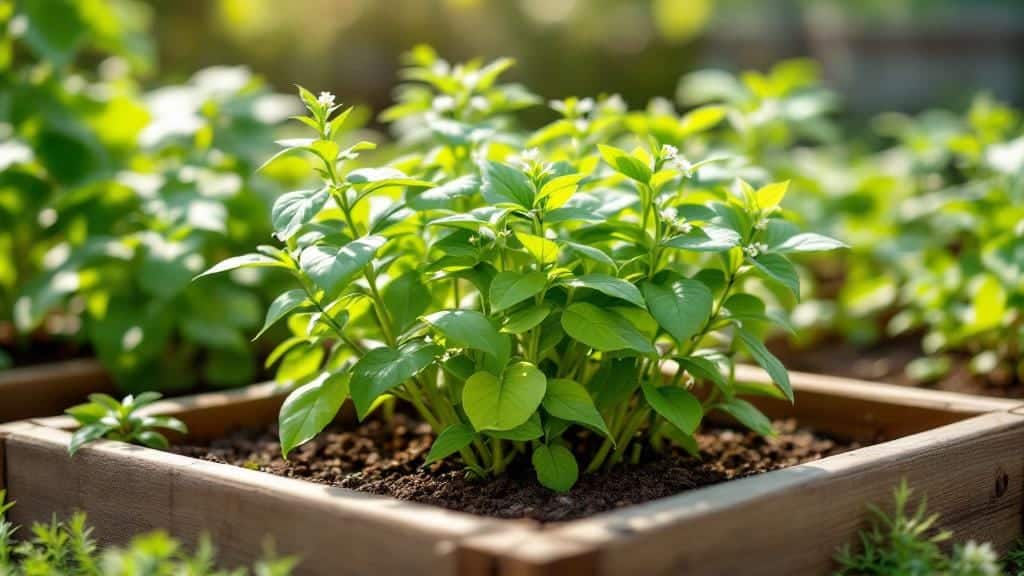 Healthy bush bean plants spaced 9 per square foot in a raised bed.