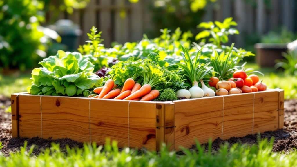 A 4x4 raised bed garden with a 16-square grid layout for square foot gardening.
