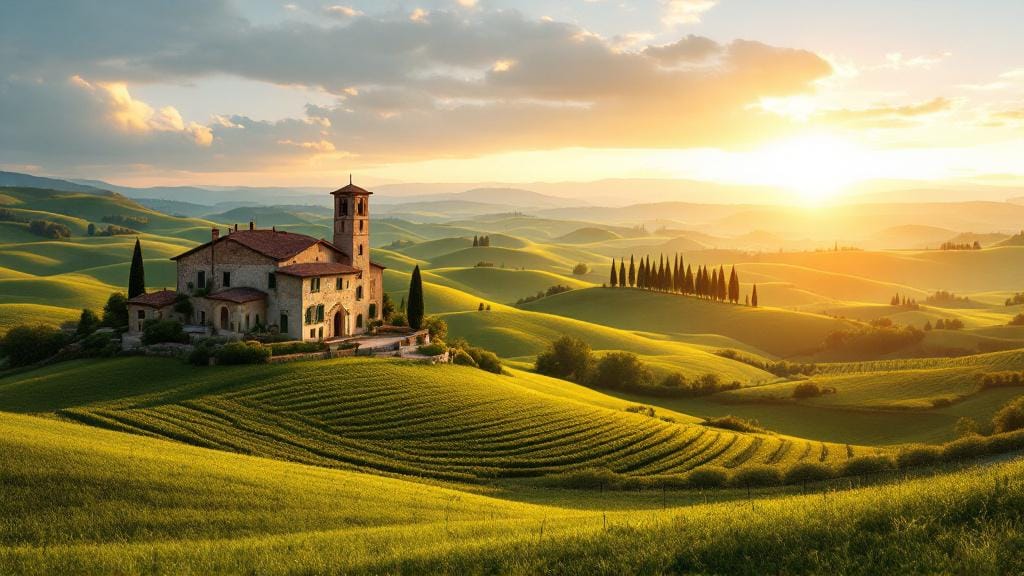 A scenic organic vineyard and olive grove in Tuscany, Italy, practicing sustainable farming.