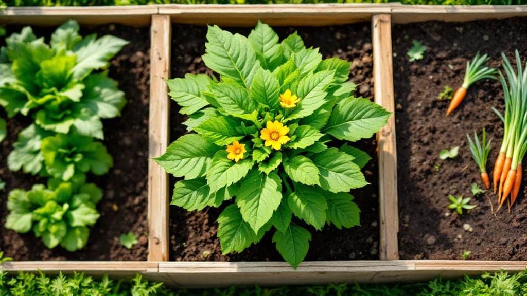 Compact bush zucchini plant growing in a 2x2 foot square in a raised garden bed grid.