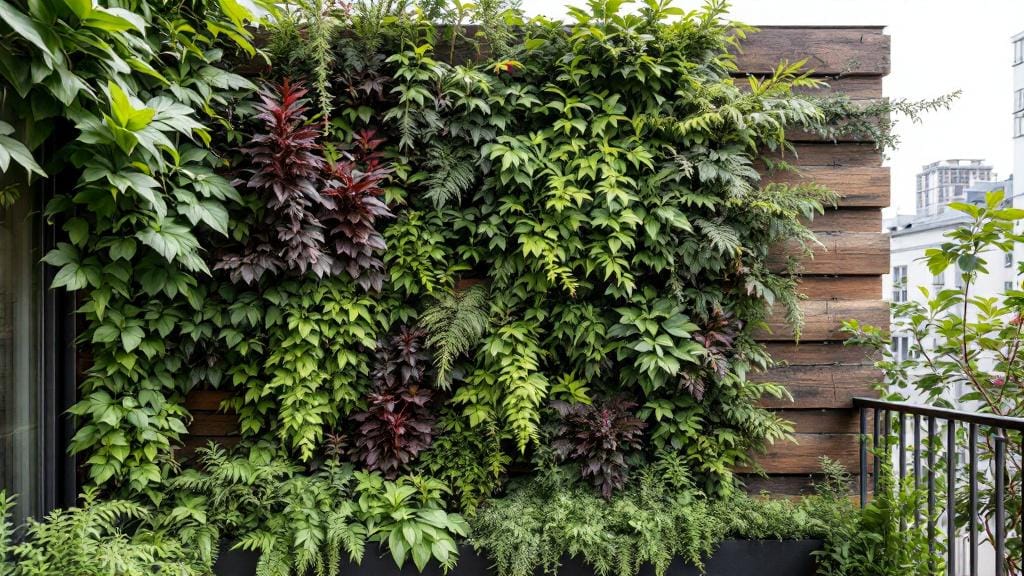 Lush vert garden on a balcony fence with modular planting pockets