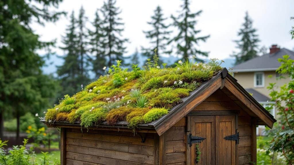 DIY green roof on a backyard shed in Portland featuring native sedums and wildflowers.