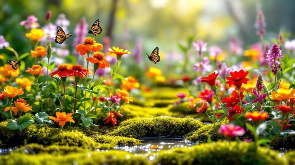 A vibrant bog garden with yellow marsh marigolds, red cardinal flowers, and butterflies.