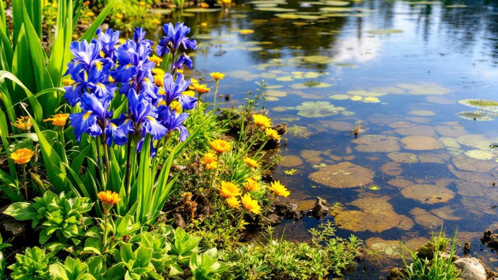 A beautiful water garden featuring a variety of bog plants like irises and marsh marigolds.