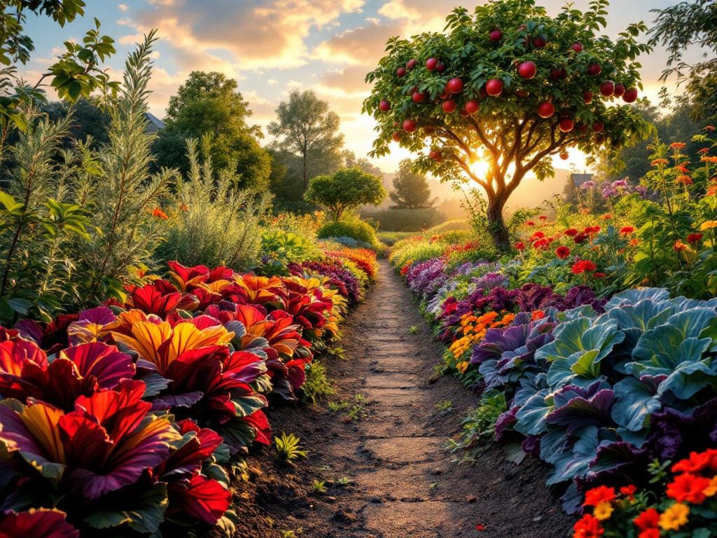 A beautiful edible landscape garden combining colorful Swiss chard, kale, and fruit trees in a functional backyard design.