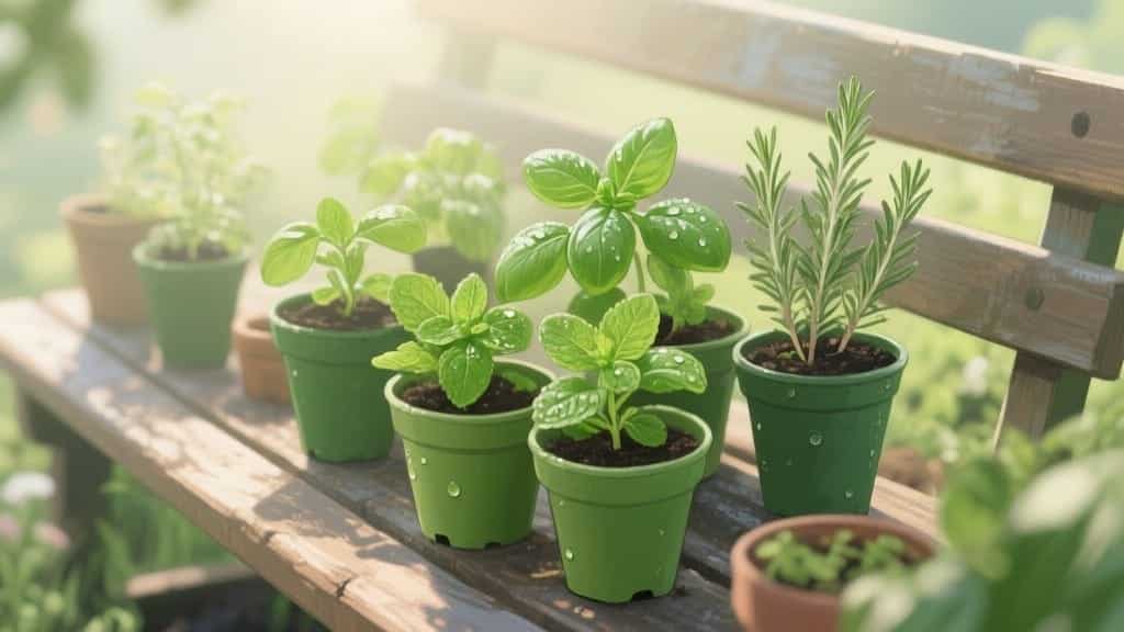 Healthy herb starts in nursery pots ready for transplanting into a garden.