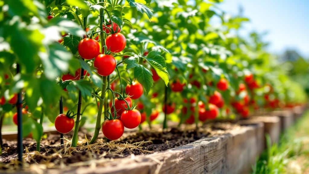 Vibrant tomato plants with ripe fruits growing in a well-maintained raised garden bed.