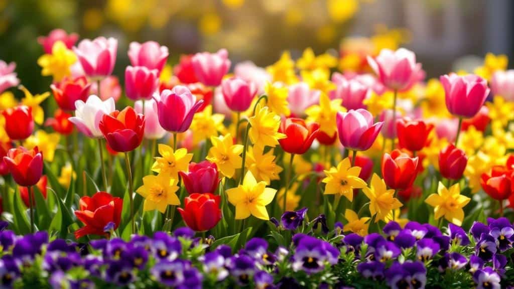 A vibrant spring garden bed filled with colorful tulips, daffodils, and pansies.