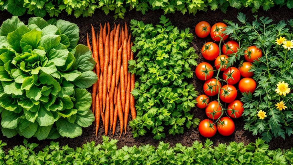 A well-planned raised garden bed with a variety of vegetables growing in sections.