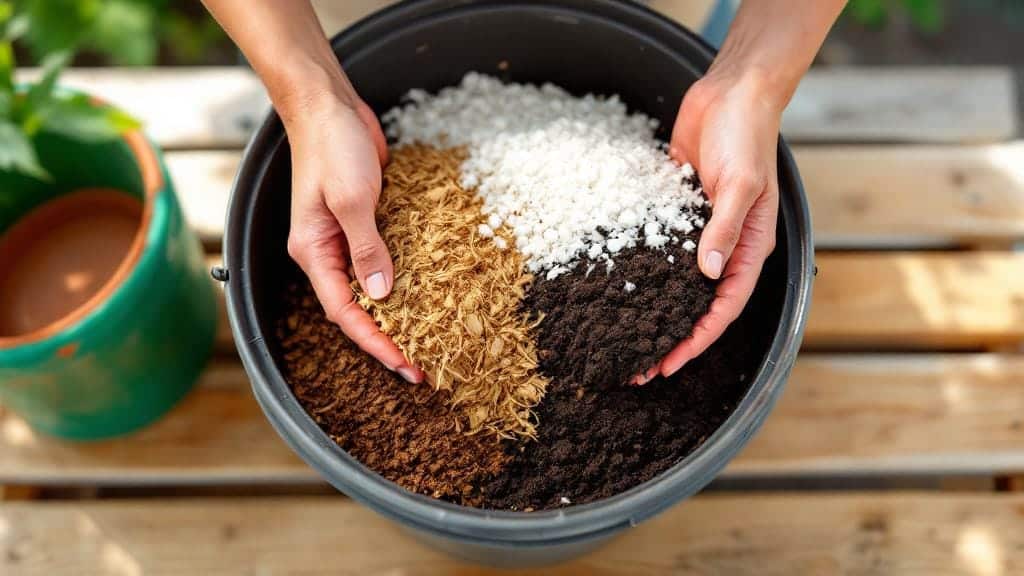 Amending raised bed soil with perlite and coco coir for container gardening.