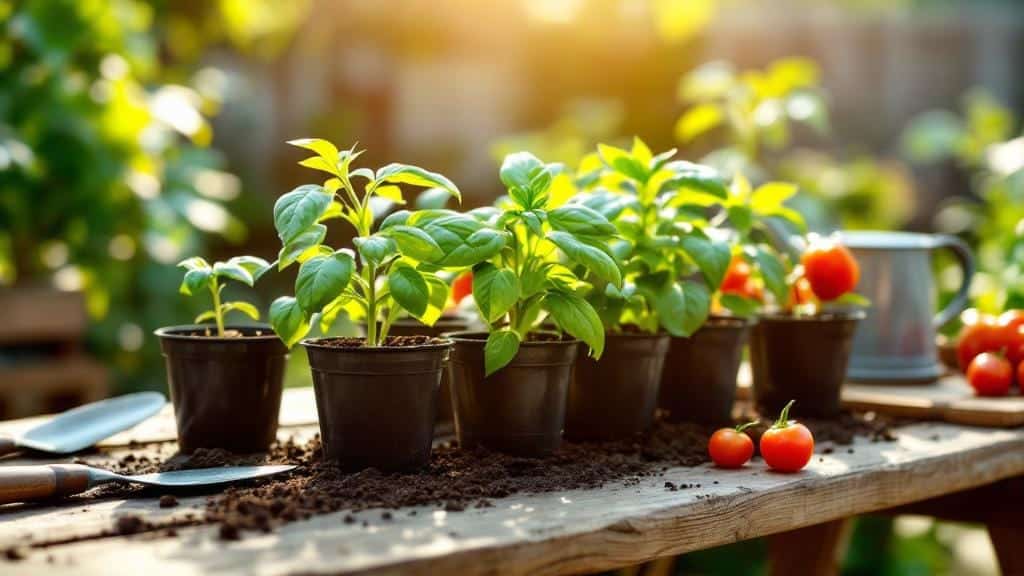 Healthy vegetable starter plants in nursery pots including tomatoes and herbs, ready to be transplanted into a home garden.