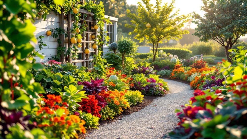 A vibrant edible landscape garden featuring colorful Swiss chard, purple kale, and dwarf fruit trees in a sustainable backyard design.
