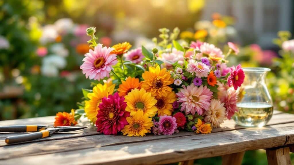 A fresh harvest of cutting garden flowers like zinnias and dahlias ready for a bouquet.