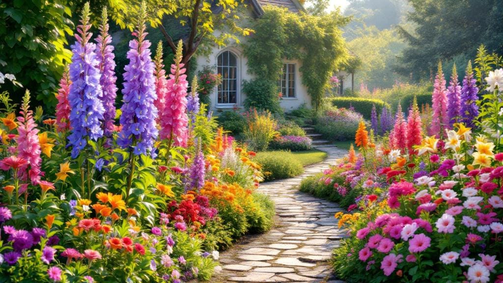 A beautifully designed flower garden with layered perennial and annual beds and a winding stone path.