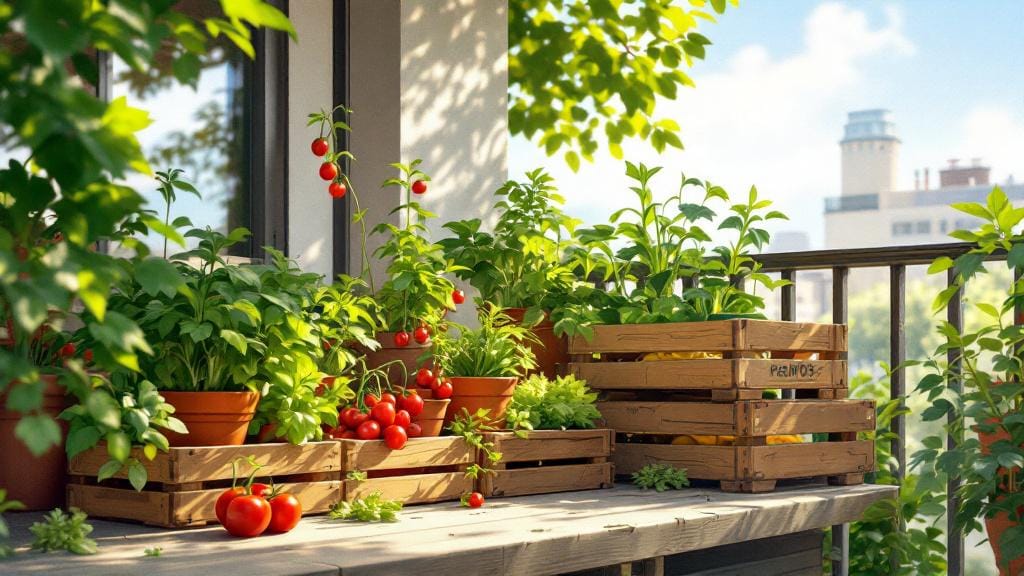 Mini balcony farm with vegetable plants in pots including tomatoes and lettuce