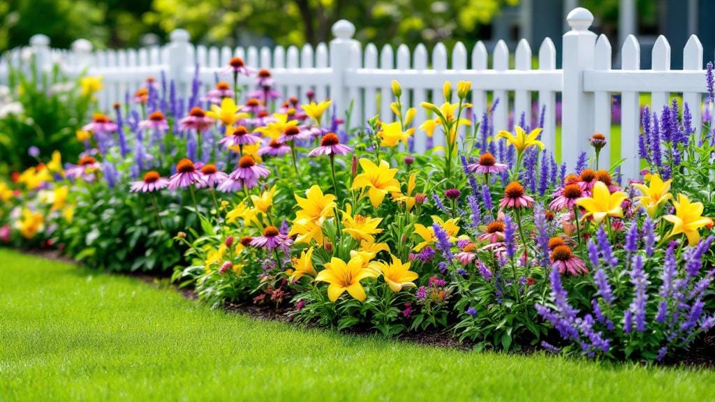 A vibrant perennial garden bed with coneflowers, daylilies, and lavender returning year after year.