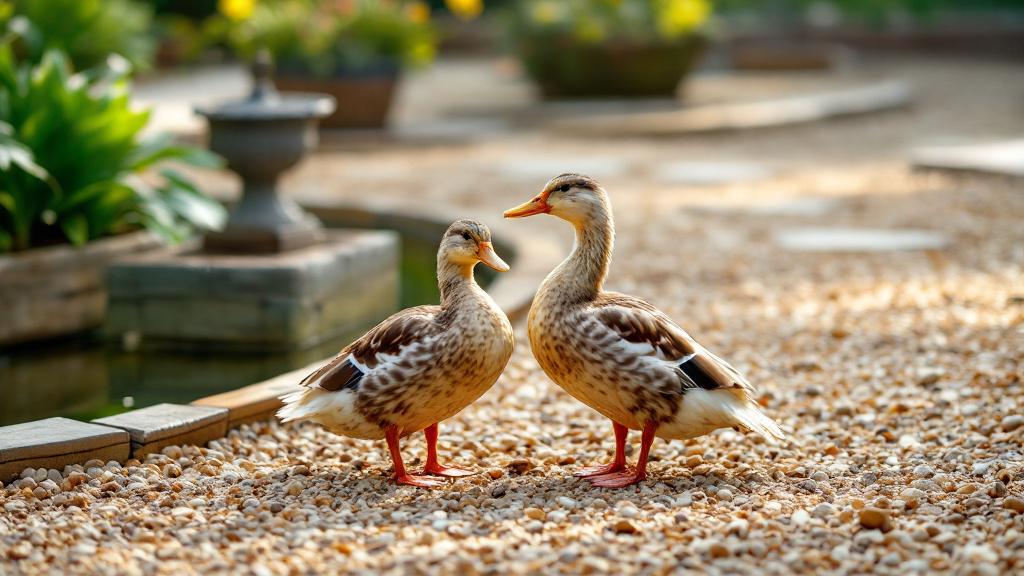 Using gravel and stone paths to manage mud in a backyard garden with ducks.