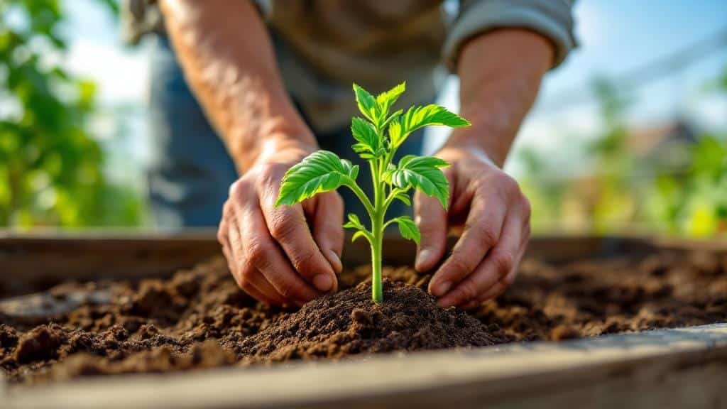 Planting a tomato seedling deep into a raised garden bed for strong root development.