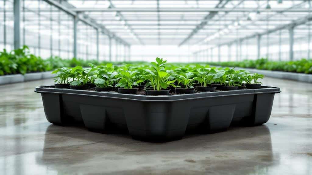 A large 100-gallon garden tray used for organizing multiple plants in a greenhouse.