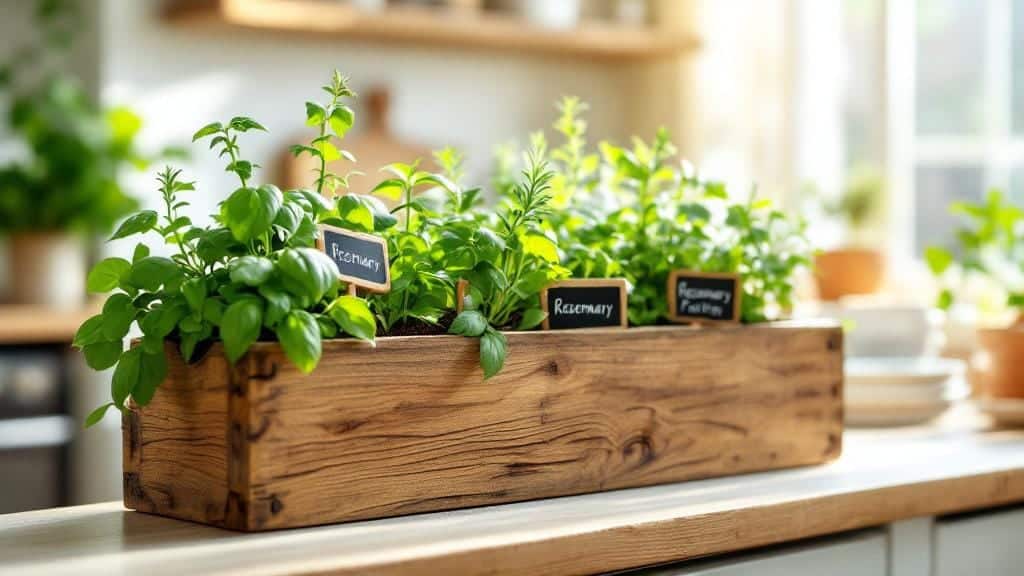 A beautiful wooden garden herb box with basil, rosemary, and parsley on a sunny windowsill.