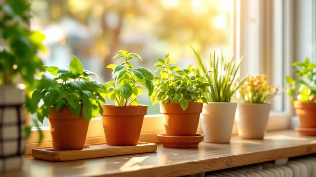 A sunny kitchen herb window with fresh basil, mint, and chives in decorative pots.