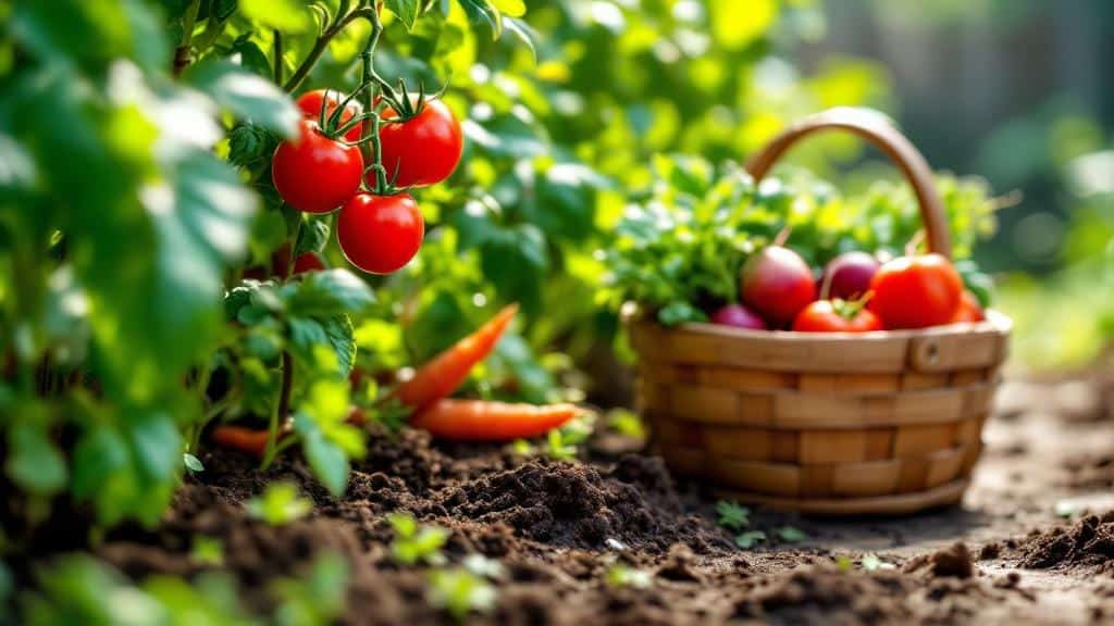 A lush homegrown vegetable garden filled with ripe tomatoes, leafy greens, and fresh root vegetables, with a harvest basket nearby.