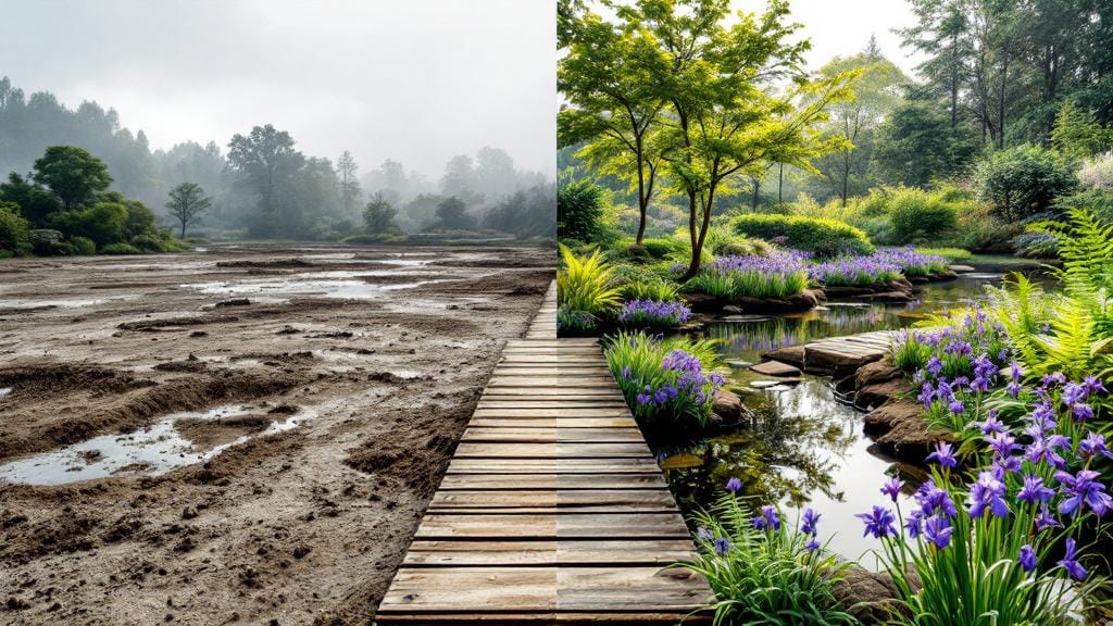 Transforming a muddy waterlogged backyard into a professional bog garden with a boardwalk.