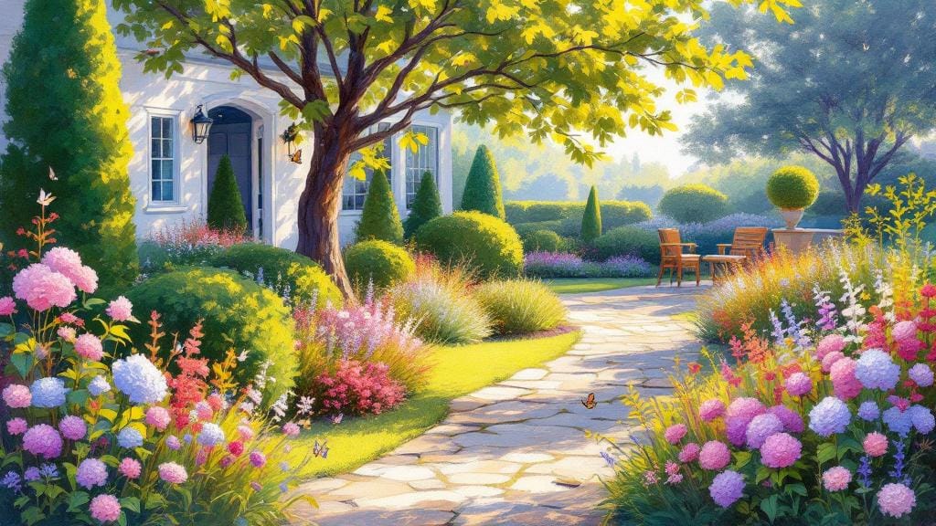 A beautifully landscaped backyard featuring a diverse mix of flowering plants, shrubs, and trees, creating a relaxing outdoor living space.