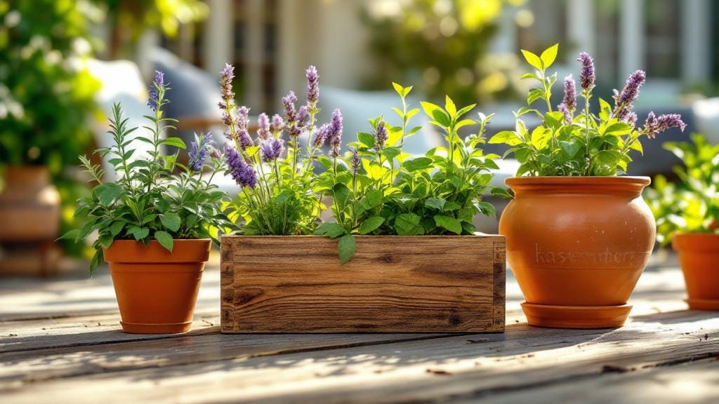 A collection of decorative outside herb planters on a sunny wooden patio.