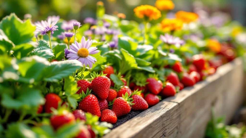 Companion planting in a raised bed with strawberries, chives, and marigolds.