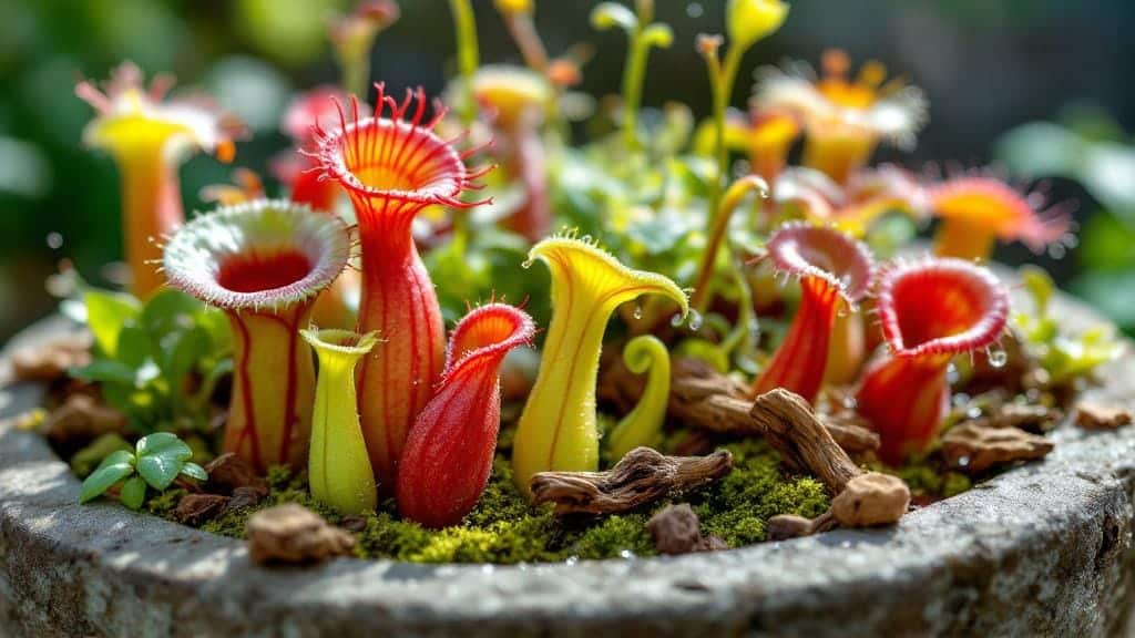 An exotic carnivorous plant garden featuring Venus flytraps, pitcher plants, and sundews.