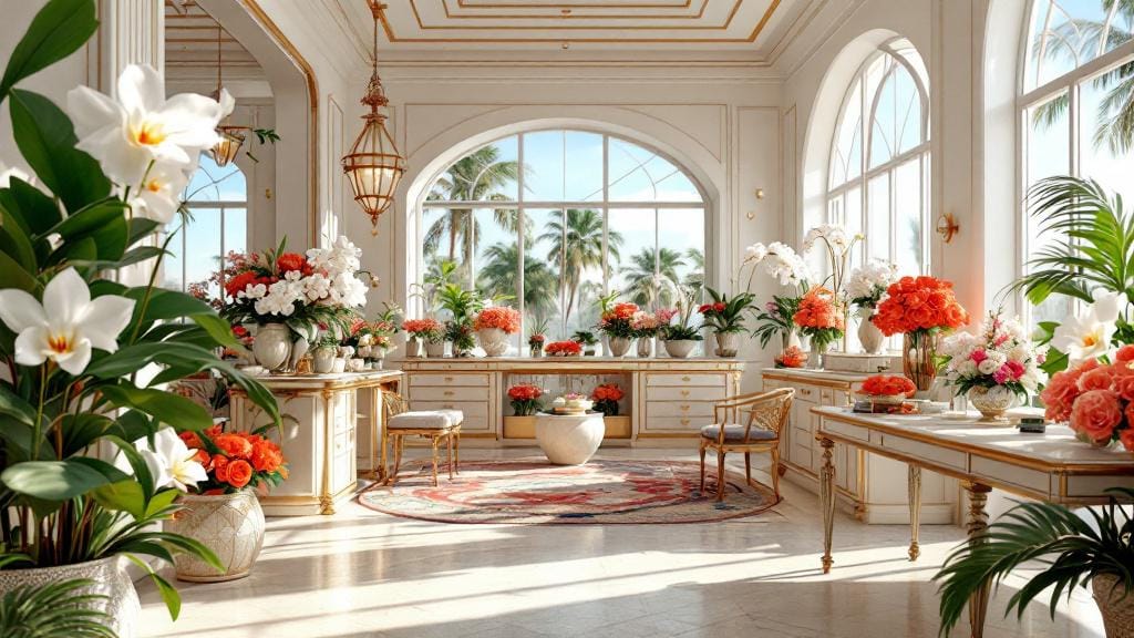 A luxury flower shop in Palm Beach Gardens, Florida, featuring tropical blooms and orchids
