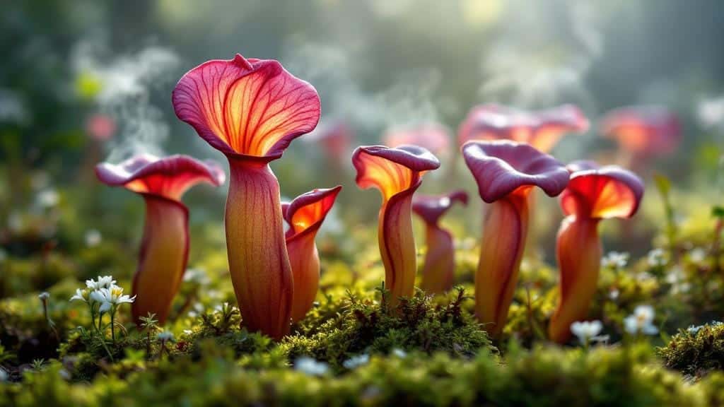 Vibrant Sarracenia pitcher plants thriving in a natural wetland bog.