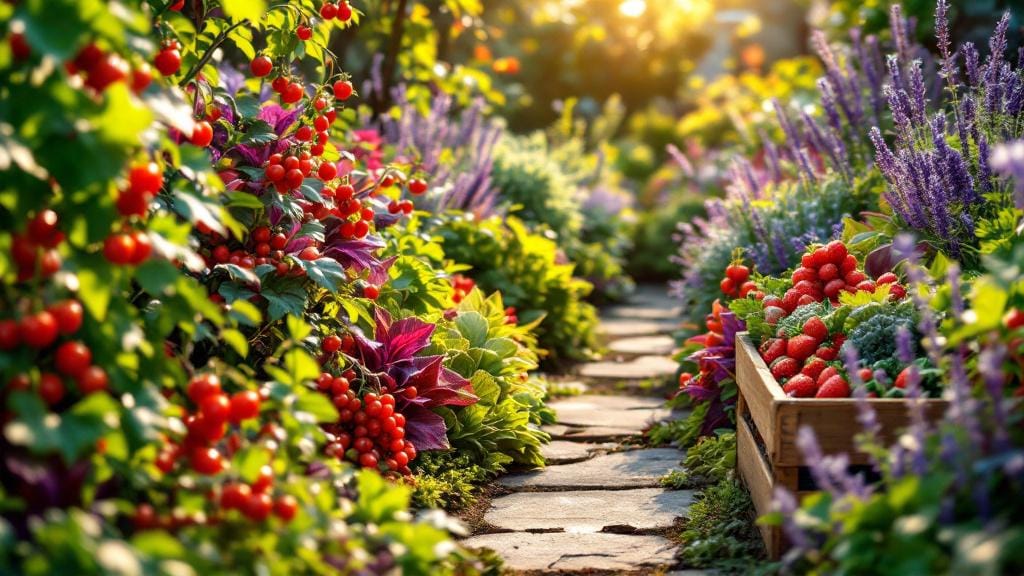 A beautiful backyard garden serving as a natural supermarket with a mix of edible plants, herbs, and fresh harvested vegetables.