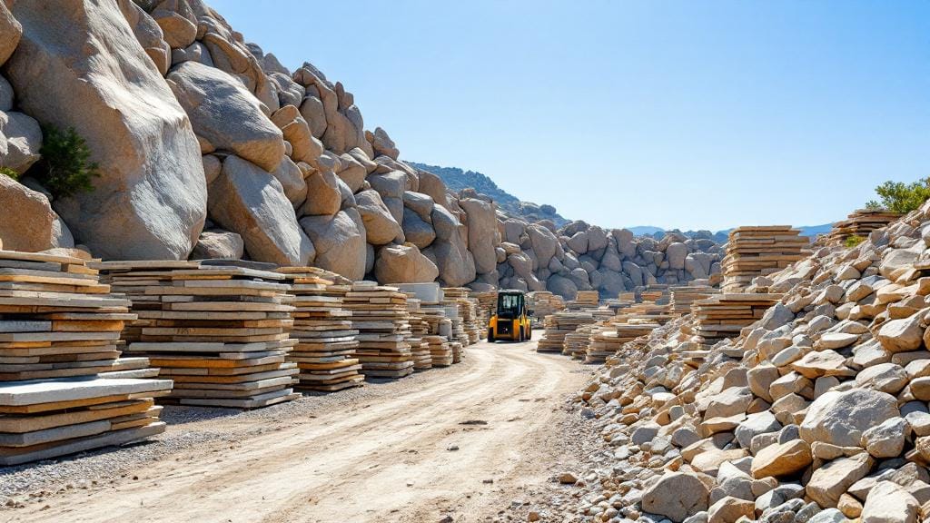 A large landscape stone yard showing various sizes and types of boulders for sale.