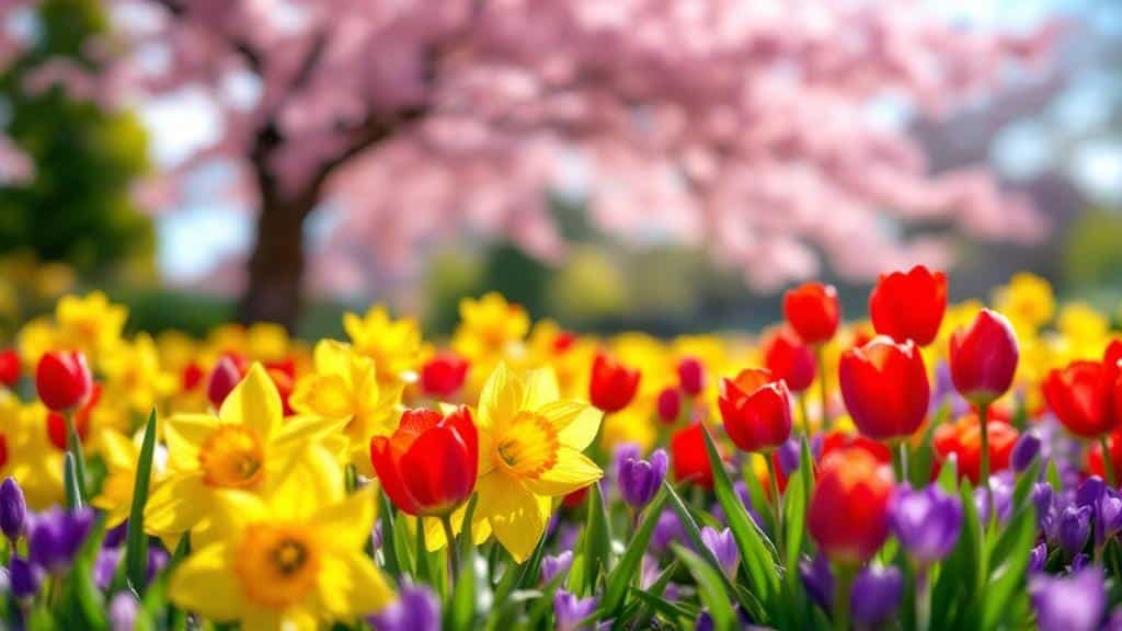 A colorful spring garden with blooming daffodils, tulips, and crocuses under a sunny sky.