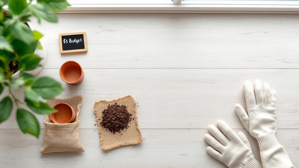Affordable herb garden starter kit with seeds, soil, and basic tools on a wooden surface.