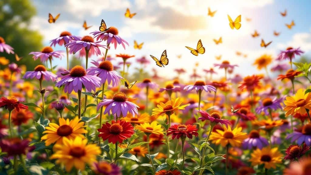 Vibrant full-sun garden with Echinacea, Black-eyed Susans, and Zinnias blooming in summer heat.