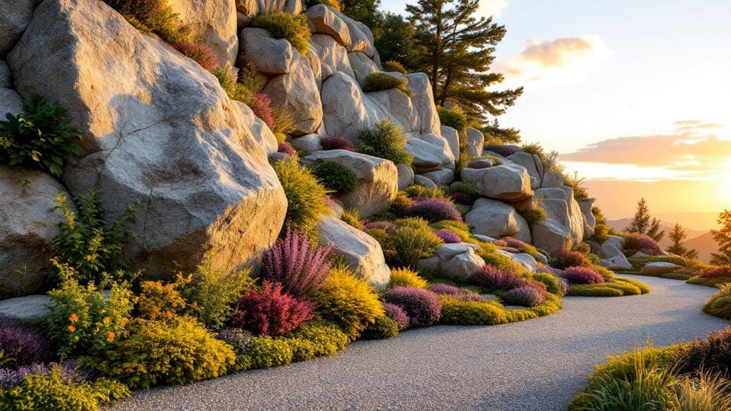 A professionally designed rock garden with limestone boulders and colorful alpine plants.