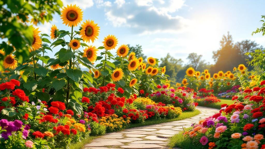 A diverse outdoor garden featuring sunflowers, roses, and petunias in a beautifully landscaped yard.